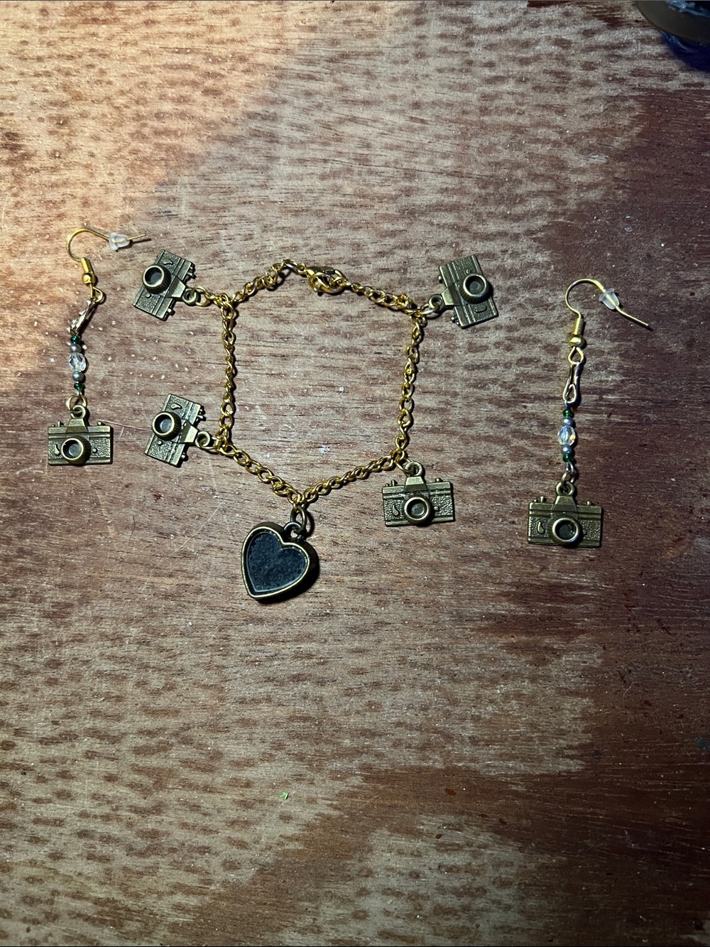 Gold-Tone Camera Charm Bracelet & Earrings Set with Heart Charm